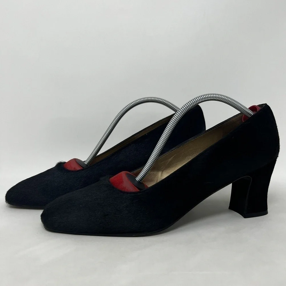 Womens Stuart Weitzman Fur Pumps 9 C Vintage Black Leather Heels Shoes